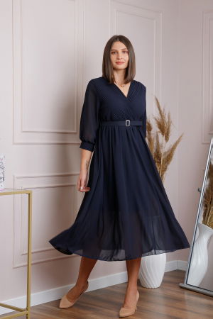 Rochii - Rochie bleumarin cu bust petrecut si curea in talie