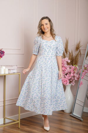 Rochii - Rochie eleganta Helena cu imprimeuri florale si buzunare functionale - Bleu