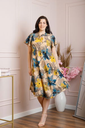 Rochii - Rochie eleganta Penelope cu baza asimetrica si imprimeu floral - Crem cu turcoaz