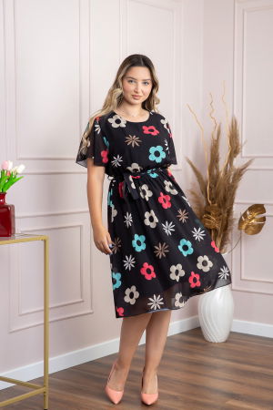 Rochii - Rochie neagra cu imprimeu floral si maneci fluture