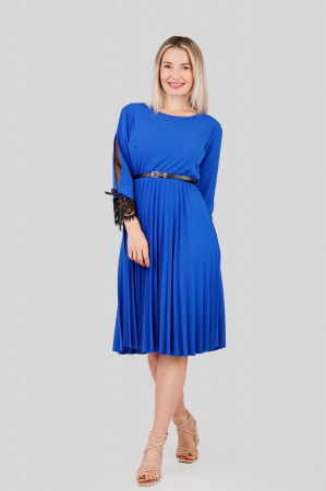 Rochii - Rochie plisata albastru regal cu dantela si curea in talie