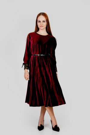 Rochii - Rochie plisata grena din catifea cu dantela si curea in talie