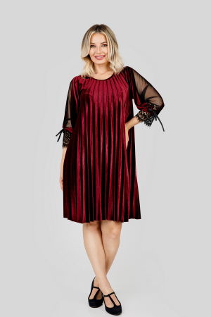 Rochii - Rochie plisata grena din catifea cu insertie de dantela