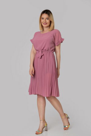 Rochii - Rochie plisata roz pudrat cu cordon in talie