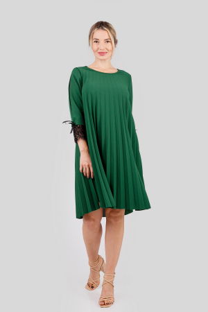 Rochii - Rochie plisata smarald verde cu insertie de dantela