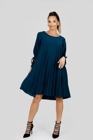 Rochii - Rochie plisata turcoaz cu insertie de dantela