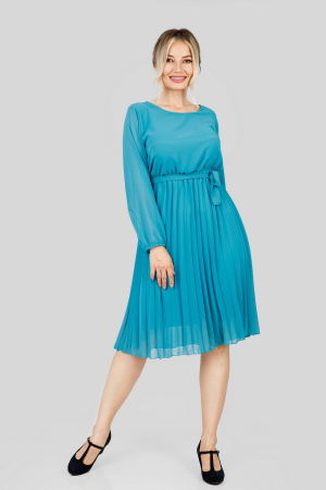 Rochii - Rochie plisata turcoaz deschis cu cordon in talie si maneca lunga