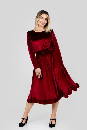 Rochii - Rochie visinie din catifea cu centura in talie