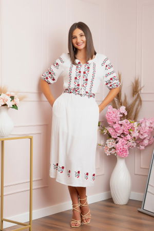 Rochii traditionale - Rochie traditionala alba cu model floral rosu Iuliana