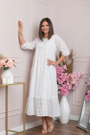 Rochii traditionale - Rochie traditionala alba cu model perforat Bianca 02