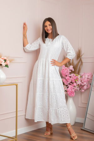 Rochii traditionale - Rochie traditionala alba cu model perforat Bianca 03