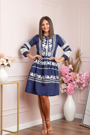 Rochii traditionale - Rochie traditionala bleumarin cu model floral alb Ema 02