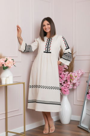 Rochie traditionala crem cu model floral negru Delia [0]