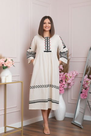 Rochie traditionala crem cu model floral negru Delia [5]