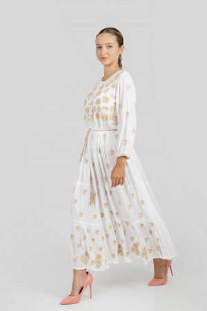 Rochii traditionale - Rochie traditionala maxi alba cu motiv floral auriu Ilona 03