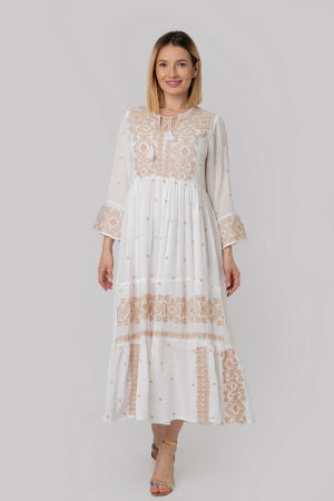 Rochii traditionale - Rochie traditionala alba cu motiv geometric crem Virginia 01