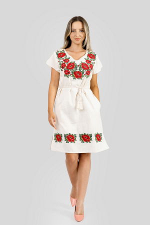 Rochii traditionale - Rochie traditionala midi crem cu motiv floral rosu Larisa 01