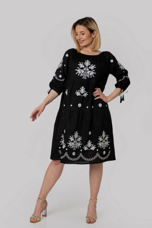 Rochii traditionale - Rochie traditionala midi neagra cu motiv floral alb Mara