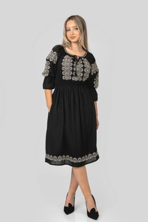 Rochii traditionale - Rochie traditionala midi neagra cu motiv geometric alb Elisabeta 01