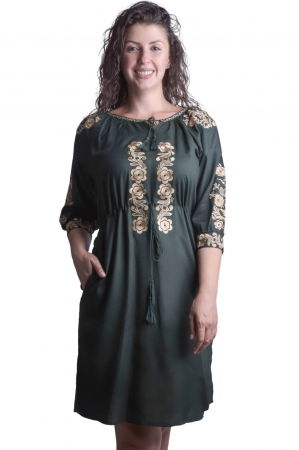 Rochii traditionale - Rochie traditionala midi verde cu motiv floral auriu Elena