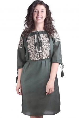 Rochie traditionala midi verde cu motiv floral crem Veronica