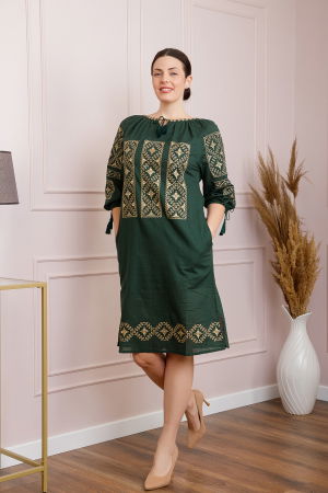 Rochie traditionala midi verde cu motiv geometric crem Stefania