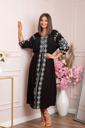 Rochii traditionale - Rochie traditionala neagra cu model geometric alb Cecilia