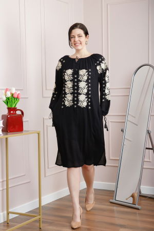 Rochie traditionala neagra cu motiv floral crem Sofia