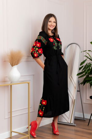 Rochii traditionale - Rochie traditionala neagra cu motiv floral rosu Valentina