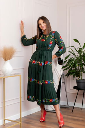 Rochii traditionale - Rochie traditionala verde cu motiv floral multicolor Ioana