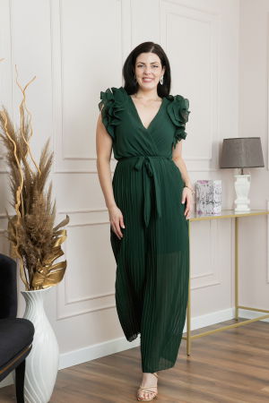 Salopete - Salopeta plisata verde cu volane si cordon in talie