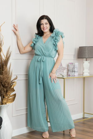 Salopete - Salopeta plisata verde mint cu volane si cordon in talie