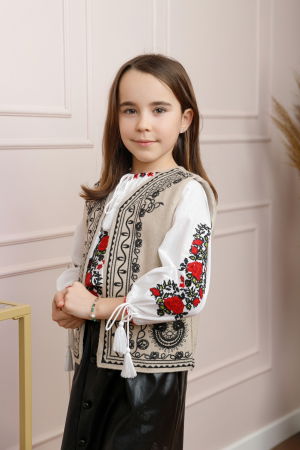 Imbracaminte Fetite - Vesta traditionala crem pentru fetite cu broderie florala neagra Emilia 02