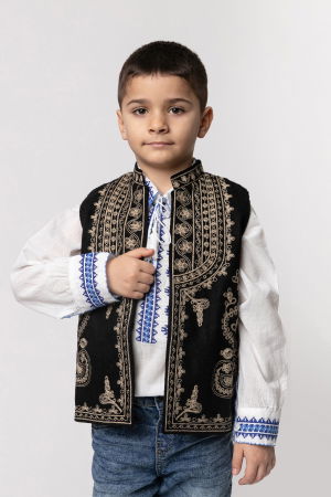 Imbracaminte Baieti - Vesta traditionala de baieti neagra cu broderie florala crem Daniel