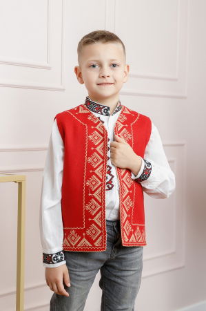 Imbracaminte Baieti - Vesta traditionala de baieti rosie cu broderie geometrica crem Flavius