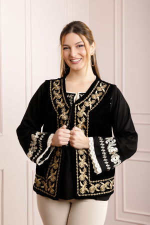 Veste si paltoane traditionale - Vesta traditionala neagra cu broderie florala aurie Melania