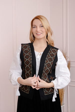 Veste si paltoane traditionale - Vesta traditionala neagra cu broderie florala maro Mirabela