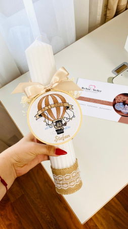 Lumanari Botez - Lumanare Botez Stelara Alba cu gherghef brodat ursulet