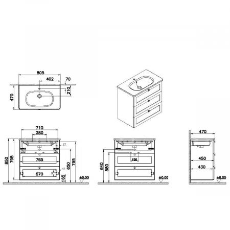 Unitate de baza lavoar baie, cu trei sertare 80cm, mat dark albastru, cu rounded lavoar / chiuveta baie | 68930 [1]