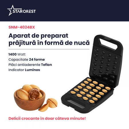 Aparat pentru preparat forme de nuci STARCREST SNM-4024BX, 24 forme, 1400W, Indicator luminos, Placi antiaderente, Negru/Inox [2]