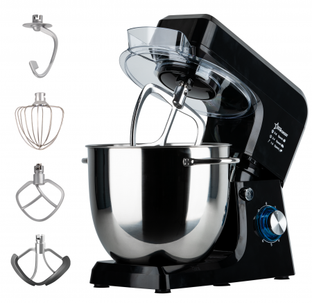 Robot de bucătărie - Robot de bucatarie profesional STARCREST SKM-2002BK, 2000 W, Bol 10 L Inox, 5 Accesorii, 6 Viteze + Pulse, Angrenaje metalice, Negru