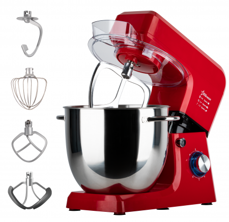 Robot de bucătărie - Robot de bucatarie STARCREST SKM-2002RD, 2000 W, Bol 10 L Inox, 5 Accesorii, 6 Viteze + Pulse, Angrenaje metalice, Rosu