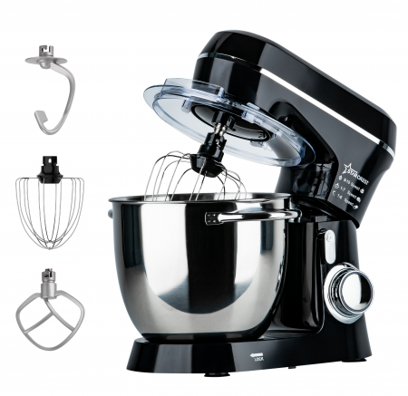 Robot de bucătărie - Robot de bucatarie STARCREST SKM-1300BK, 1300W, Bol 5.2 L Inox, 4 Accesorii, 10 Viteze + Pulse, Angrenaje metalice, Negru