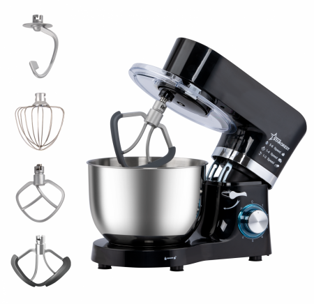 Robot de bucătărie - Robot de bucatarie STARCREST SKM-1500BK, 1500W, Bol 5.5 L Inox, 5 Accesorii, 6 Viteze + Pulse, Angrenaje metalice, Negru + Inox