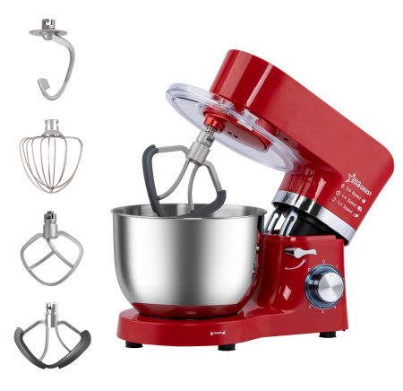 Electrocasnice Mici - Robot de bucatarie STARCREST SKM-1500RD, 1500W, Bol 5.5 L Inox, 5 Accesorii, 6 Viteze + Pulse, Angrenaje metalice, Rosu + Inox