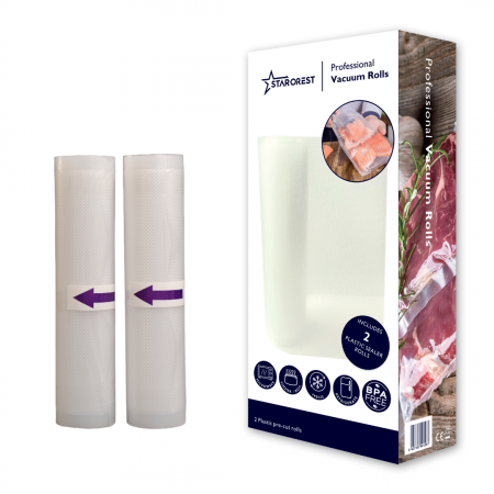 Electrocasnice Mici - Set 2 role folie profesionala pentru vidat STARCREST, 28 x 300 cm, rezistente, reutilizabile, sous vide, lavabile in masina de spalat, fara BPA, transparent