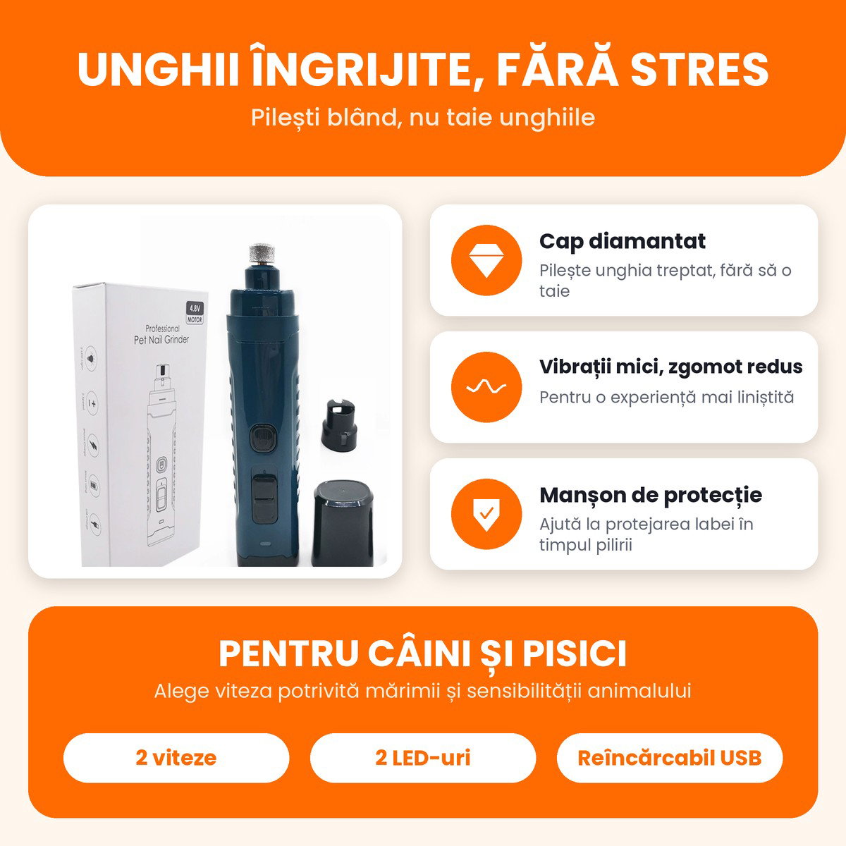 Aparat electric pentru pilit unghii la caini si pisici: cap diamantat, vibratii mici, manson de protectie