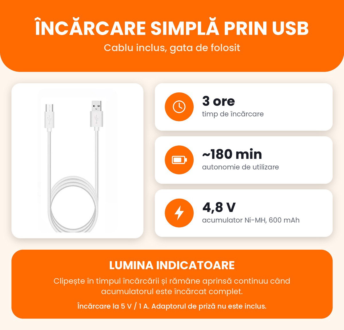 Incarcare USB: 3 ore, autonomie de aproximativ 180 de minute, acumulator Ni-MH 4,8 V