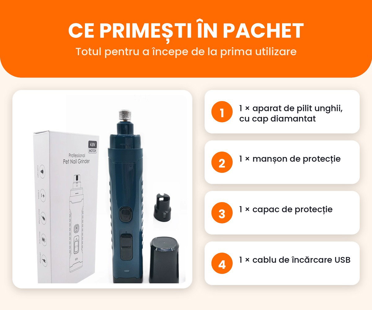 Continutul pachetului: aparat de pilit unghii, manson de protectie, capac si cablu USB