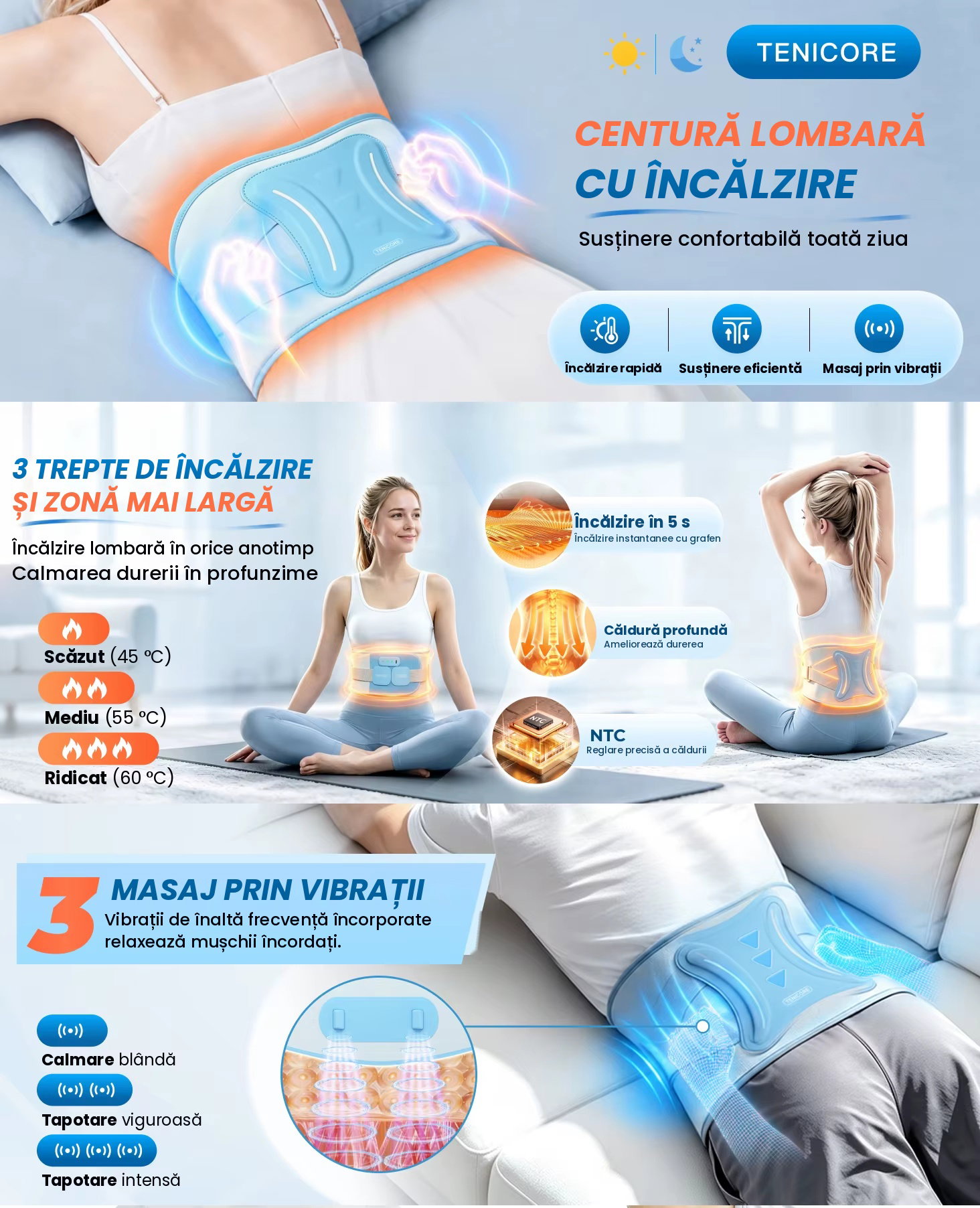 Centura lombara cu incalzire si vibratii TENICORE - caracteristici principale